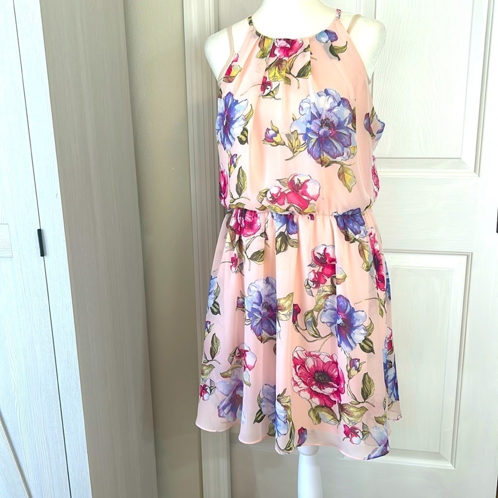 IZ BYER Fit & Flare Spring PINK Floral Spaghetti Straps Lined Dress Sz L